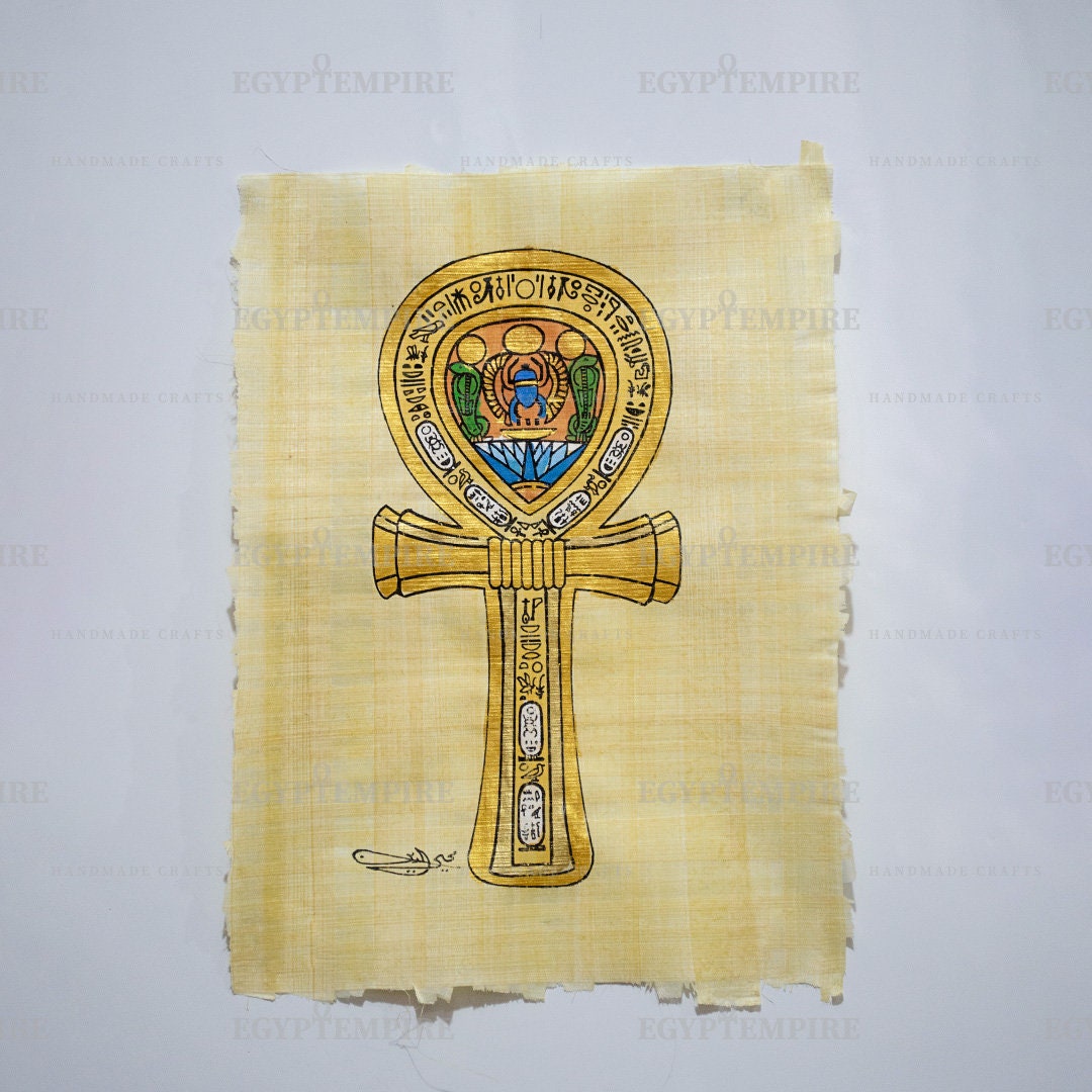 The Egyptian Ankh or "Key of Life" handmade & hand painted Papyrus, 14" by 10 inches, Ancient Egyptian art, Frameable.