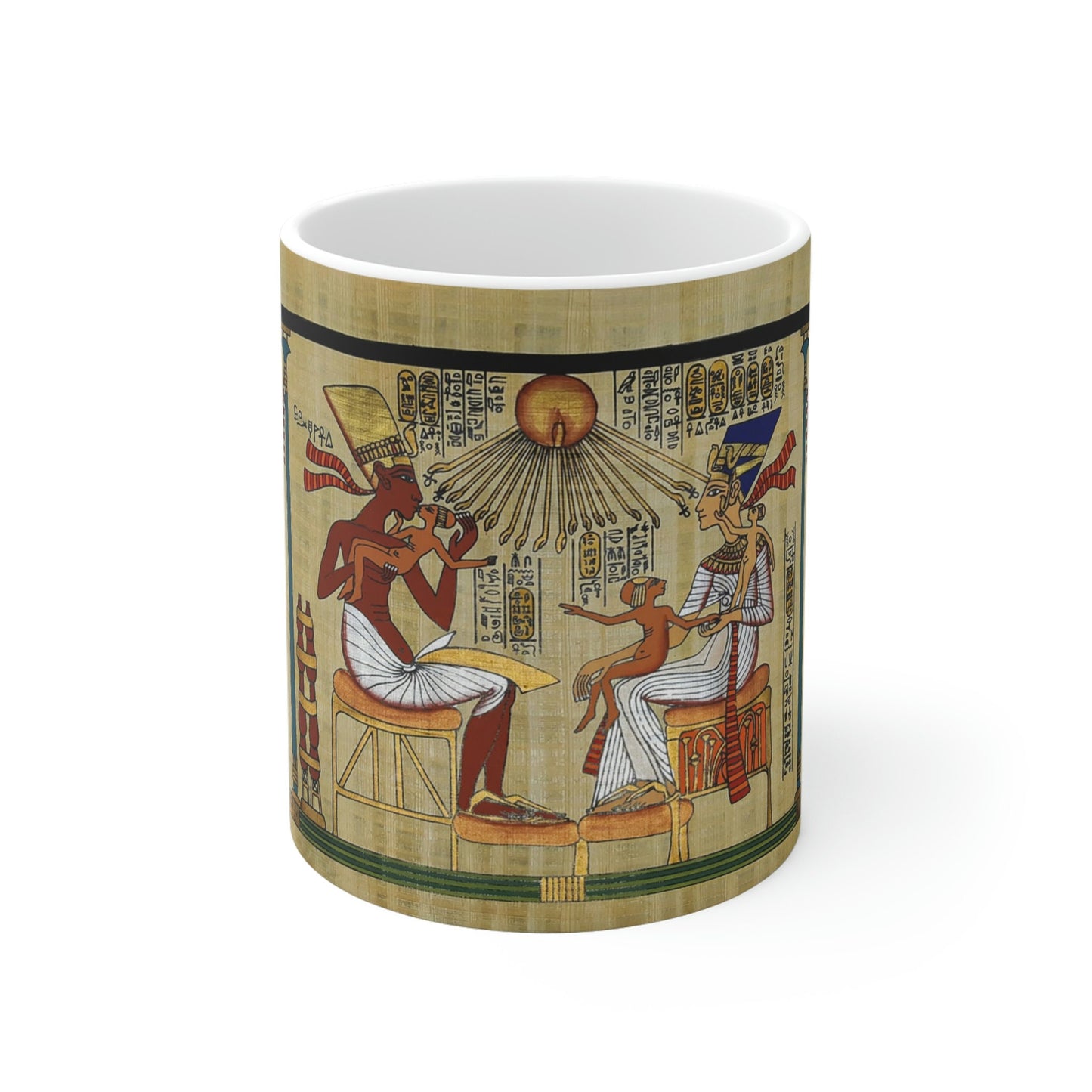 White 11 Oz Ceramic Mug, King Akenaton & Queen Nefertiti with kids