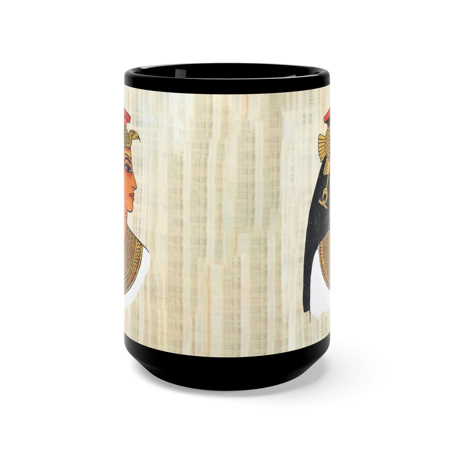 Black Mug 15oz Queen Nefertari on papyrus background