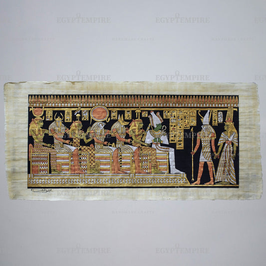 Queen Nefertari facing the Pantheon of Gods through the path to the afterlife, 40X14" Handmade, Hand-Painted Papyrus, Frameable