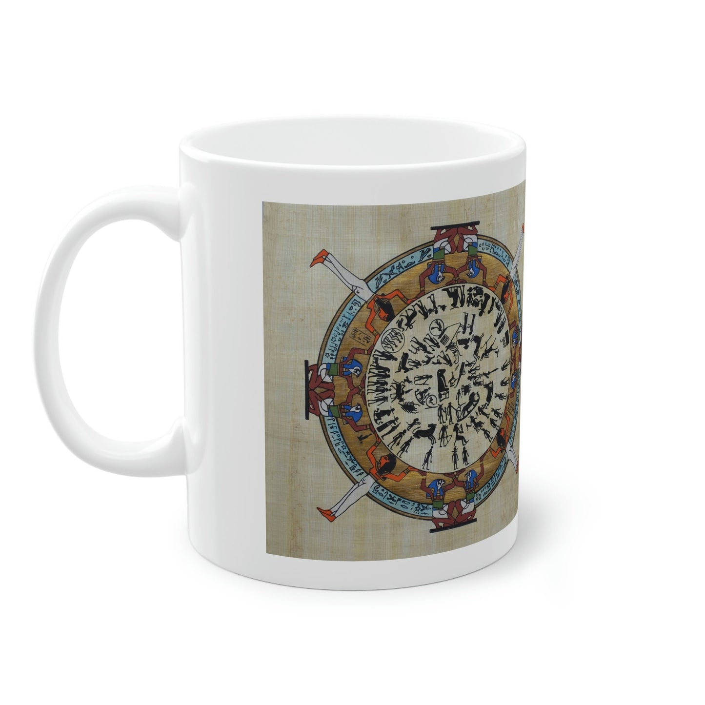 Standard Mug, 11oz, Ancient Egyptian zodiac on papyrus pattern background