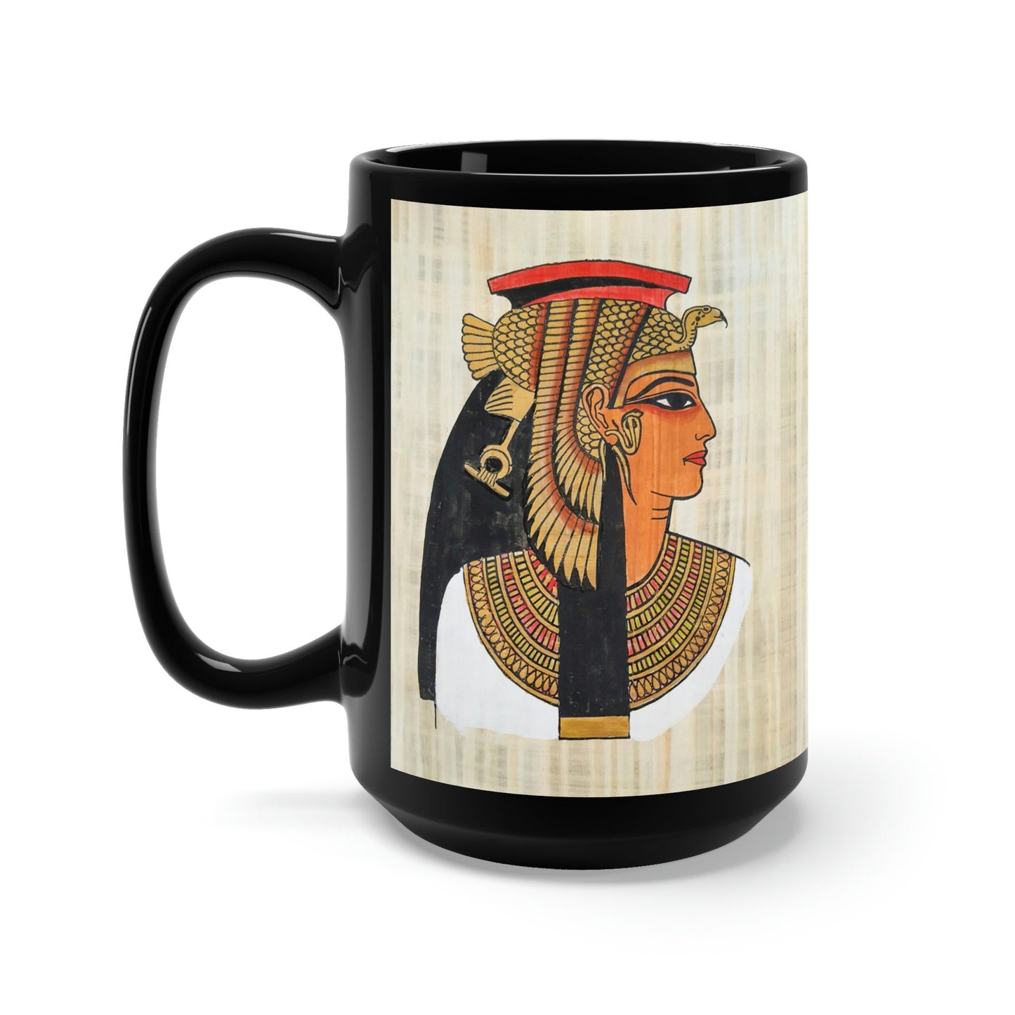 Black Mug 15oz Queen Nefertari on papyrus background