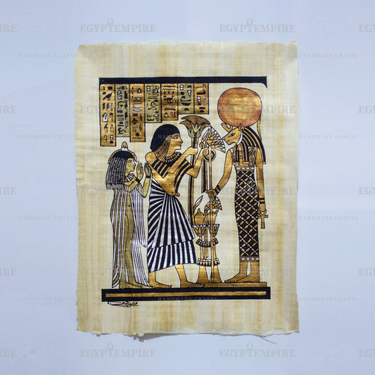 Sekhmet worshipped & offering 15"x12" Handmade, Hand-painted Papyrus, ancient Egyptian art Frameable