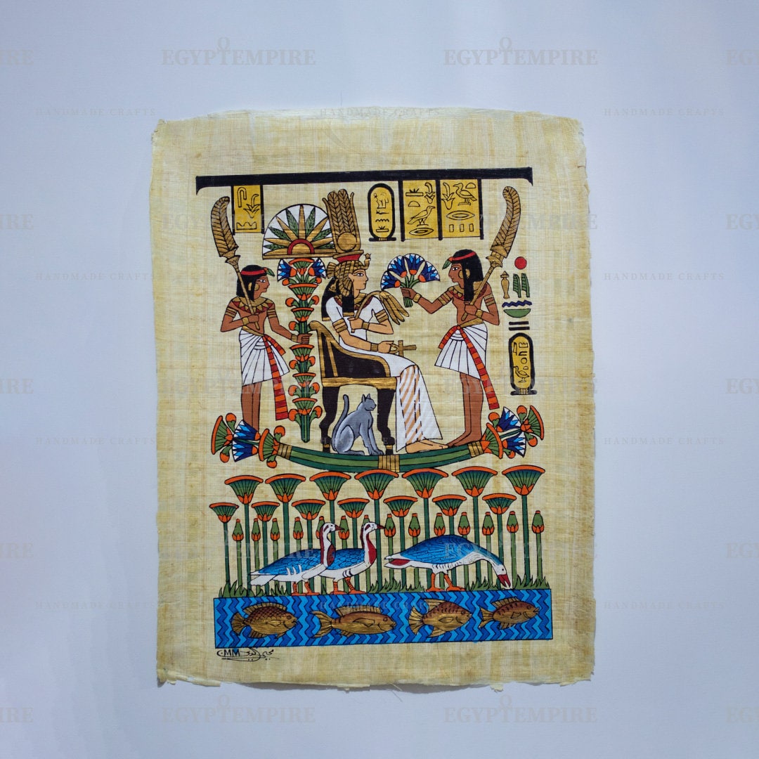 Queen Nefertari journey on the Nile handmade & hand painted Egypt Papyrus, 17" by 14" inches, Ancient Egyptian art, Frameable.