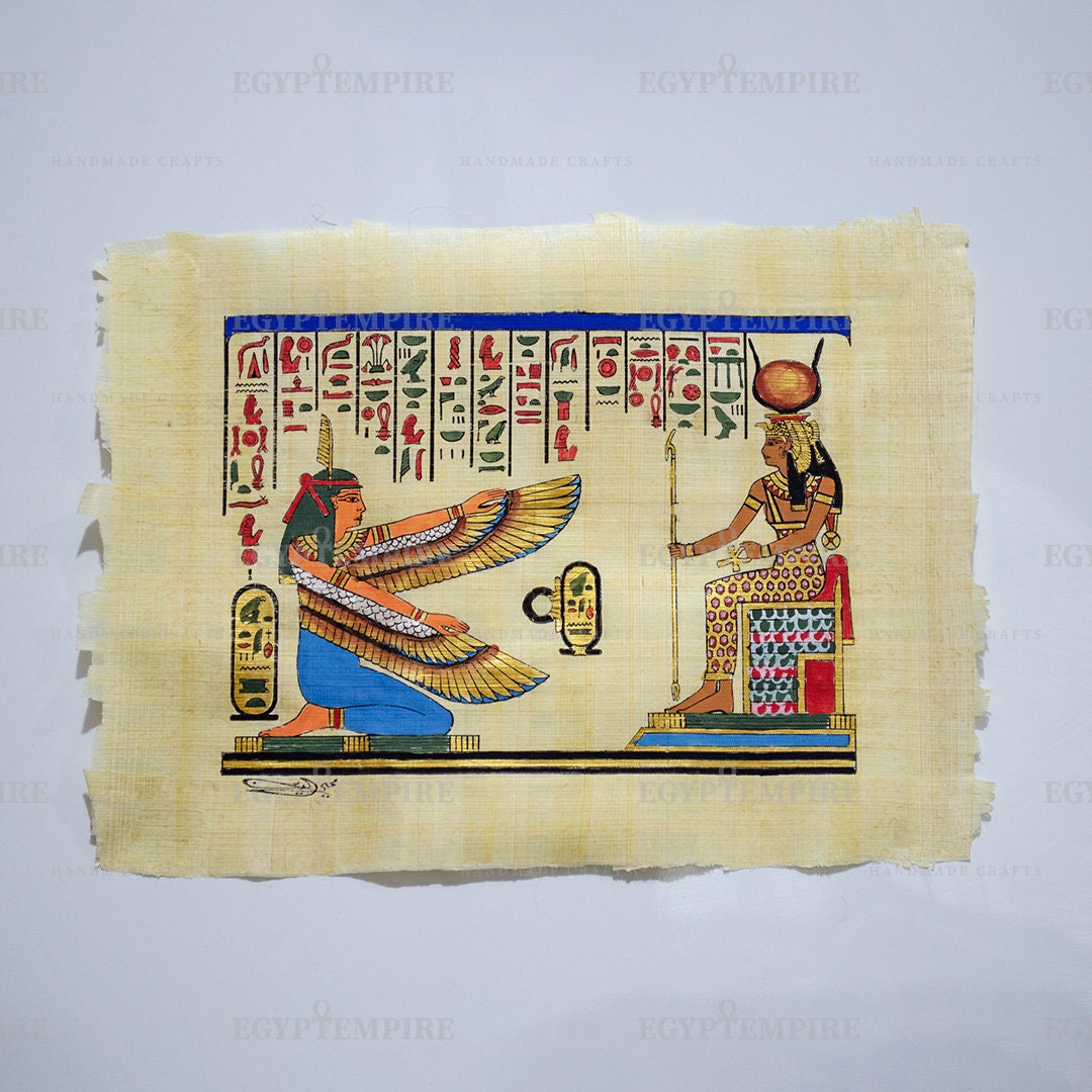 Goddess Maat with Goddes Hathour. 14x10 inches.Hand made, hand painted Egypt papyrus. Ancient Egyptian Art