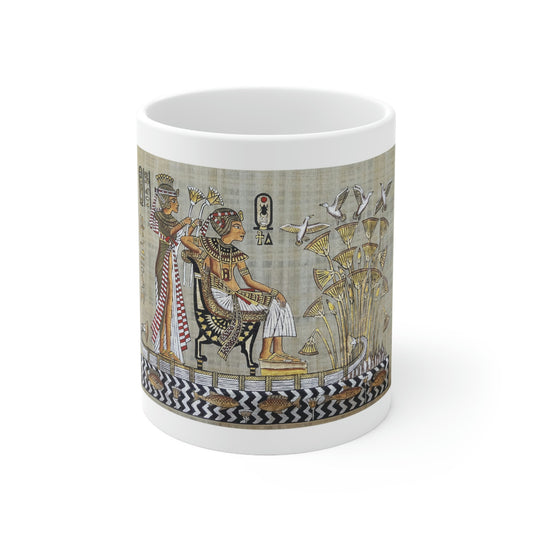 King Tut Ceramic Mug 11oz, papyrus drawing, background, Print