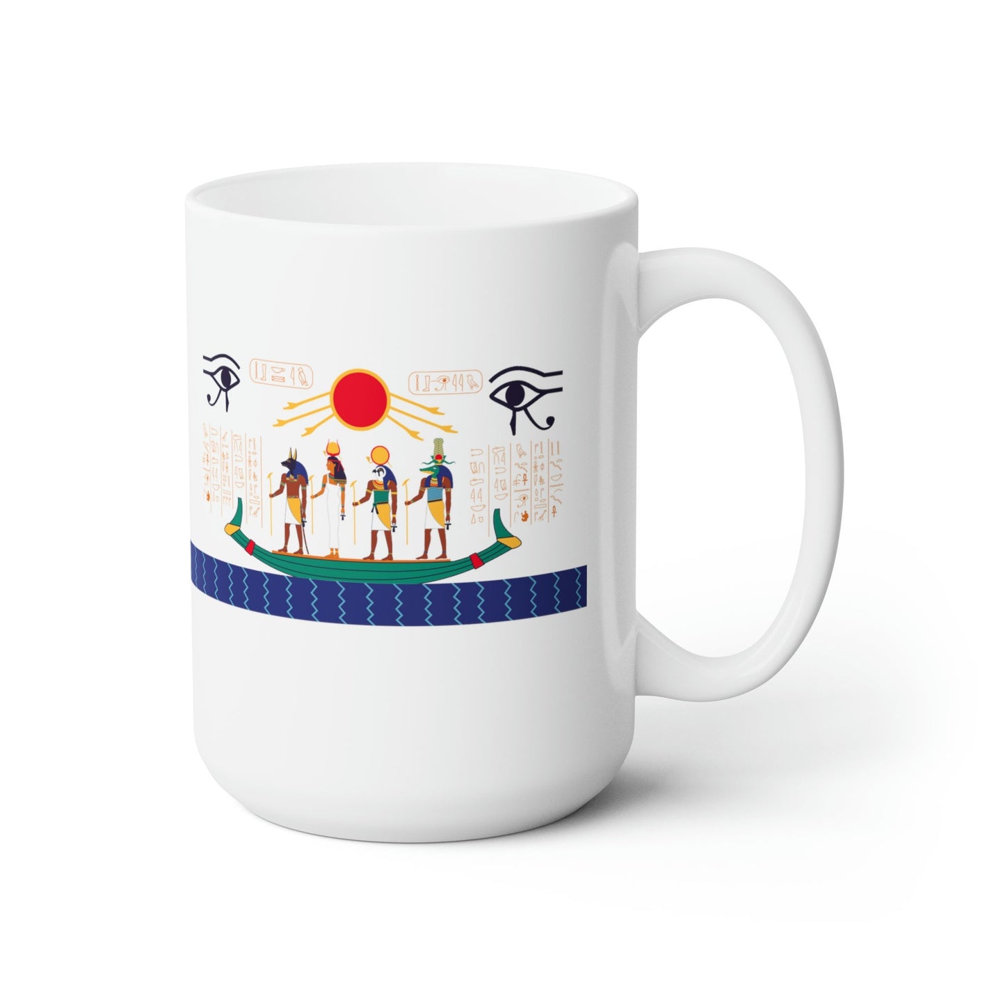 Raa Solar boat with Ancient Egyptian Gods. ISIS, Anubis, Subic, Ceramic Mug 15oz