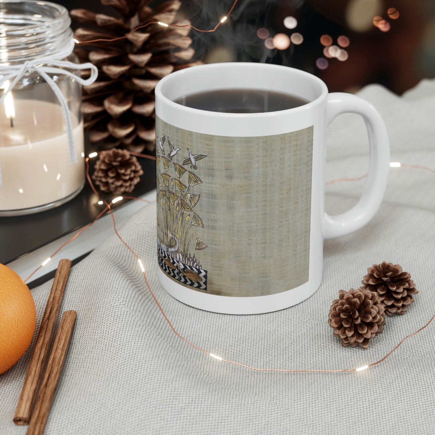 King Tut Ceramic Mug 11oz, papyrus drawing, background, Print