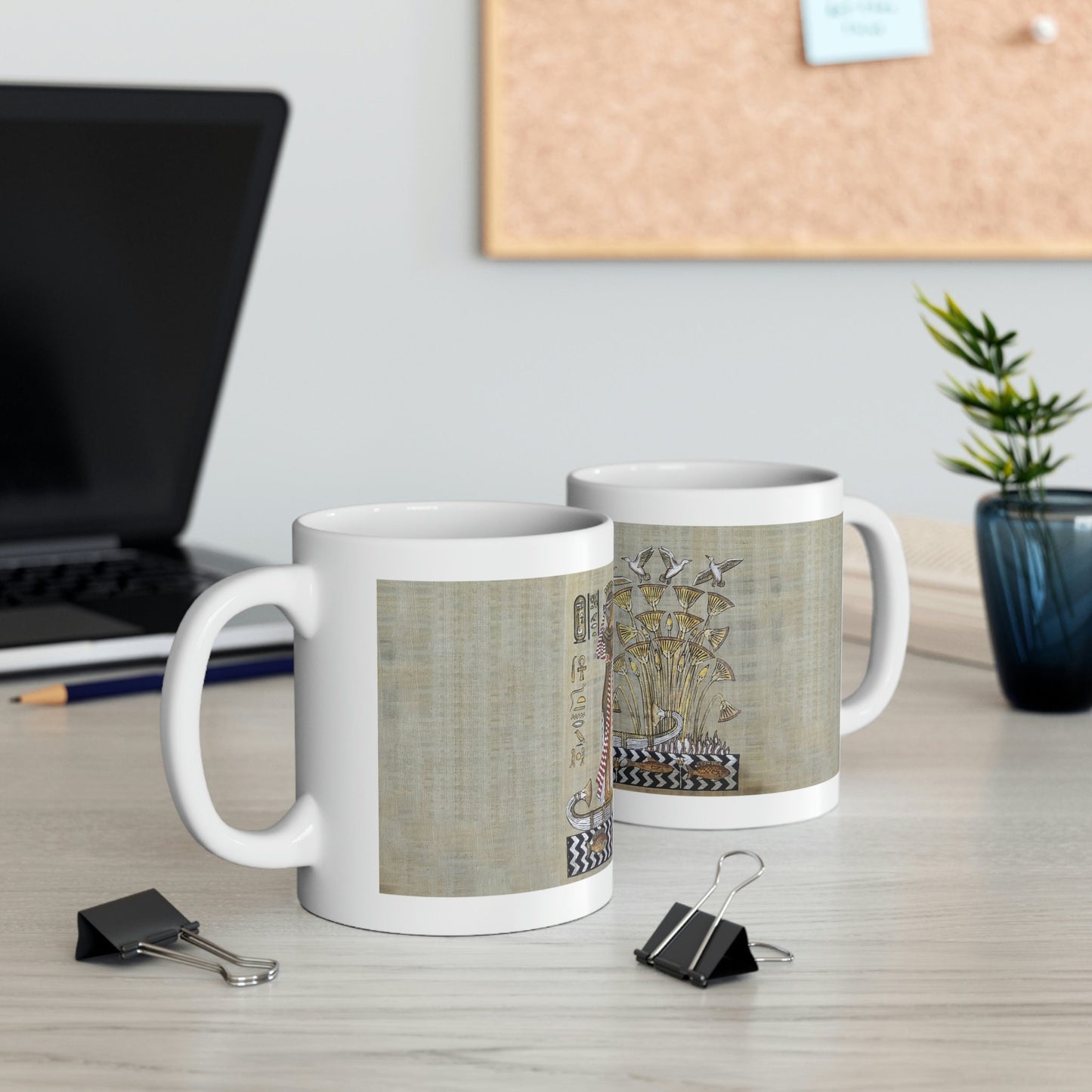 King Tut Ceramic Mug 11oz, papyrus drawing, background, Print