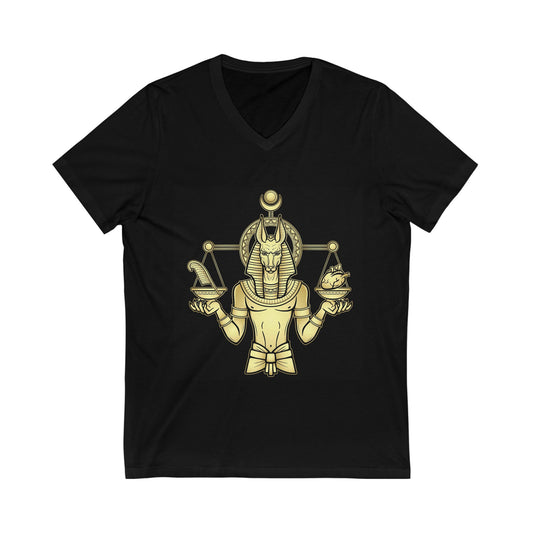 Egyptian God Anubis with the Scales of Judgment Unisex Jersey Short Sleeve V-Neck Tee