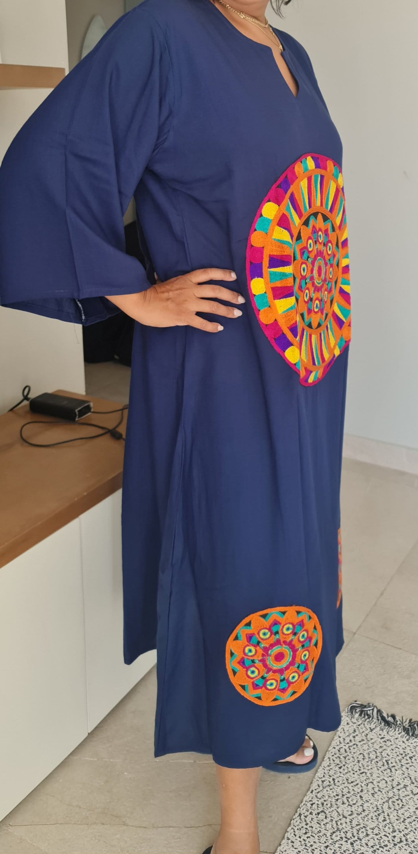 Navy blue dress/kaftan, Saharan patterns, 90% Egyptian cotton, Casual Summer dress.