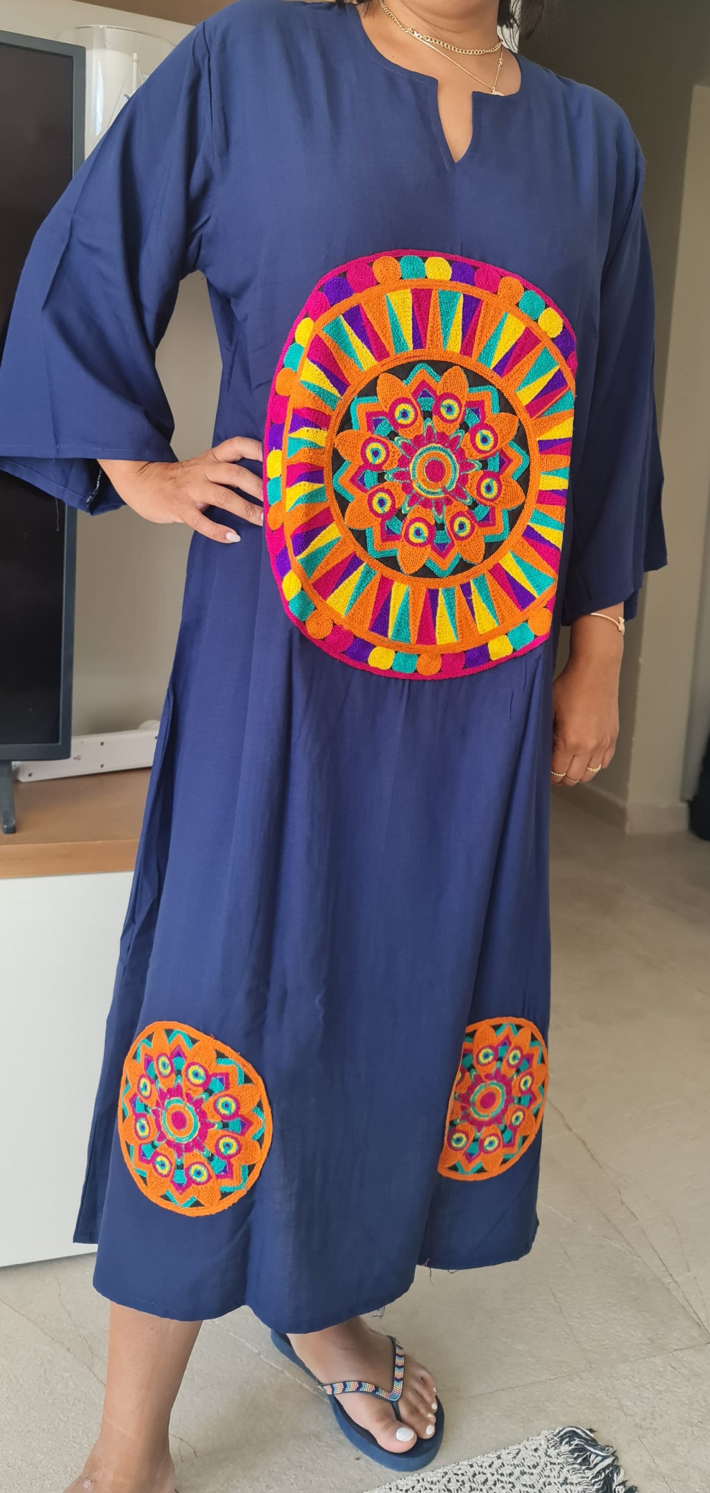 Navy blue dress/kaftan, Saharan patterns, 90% Egyptian cotton, Casual Summer dress.