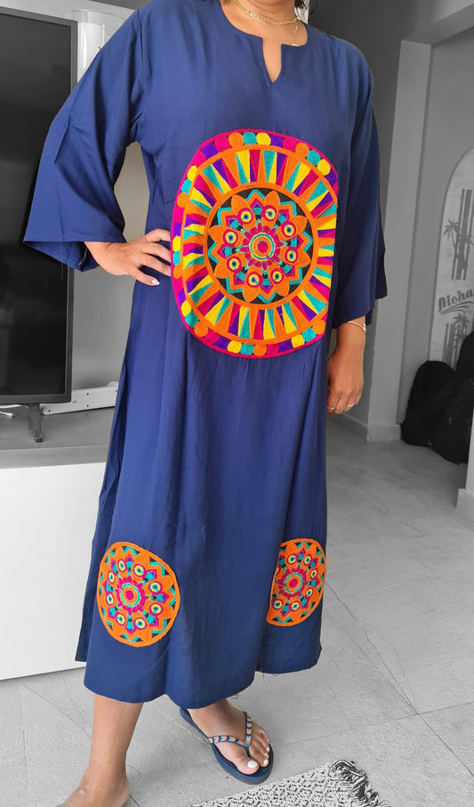 Navy blue dress/kaftan, Saharan patterns, 90% Egyptian cotton, Casual Summer dress.