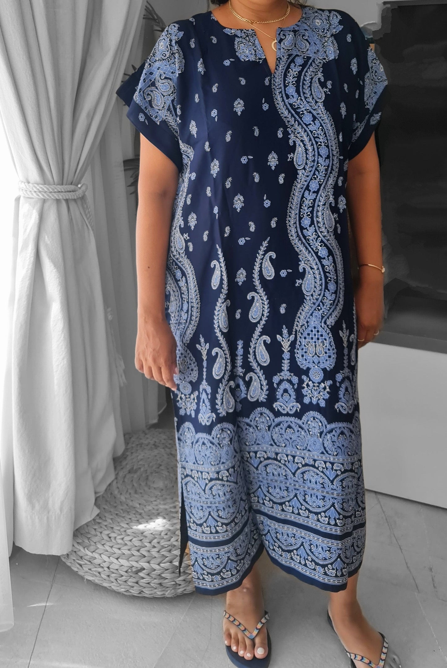 Deep blue dress/kaftan, Boho patterns, 100% Egyptian cotton, Casual Summer dress.