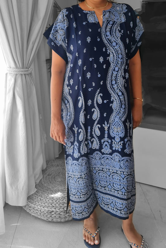 Boho patterned deep blue dress/kaftan for women, 100% Egyptian cotton, Embroidered Egyptian Dress, Casual Summer Kaftan Dress, Gift for Her.