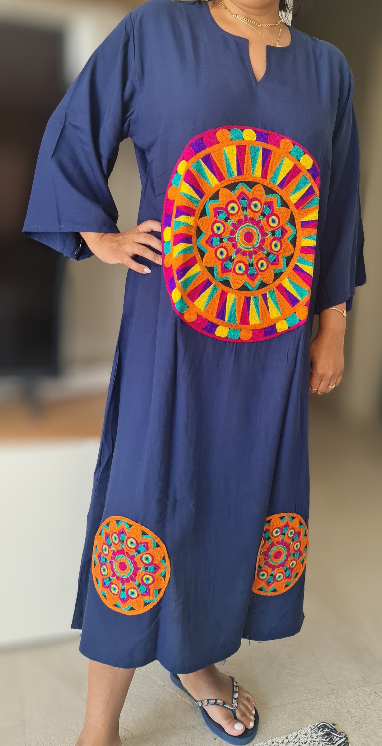 Navy blue dress/kaftan, Saharan patterns, 90% Egyptian cotton, Casual Summer dress.