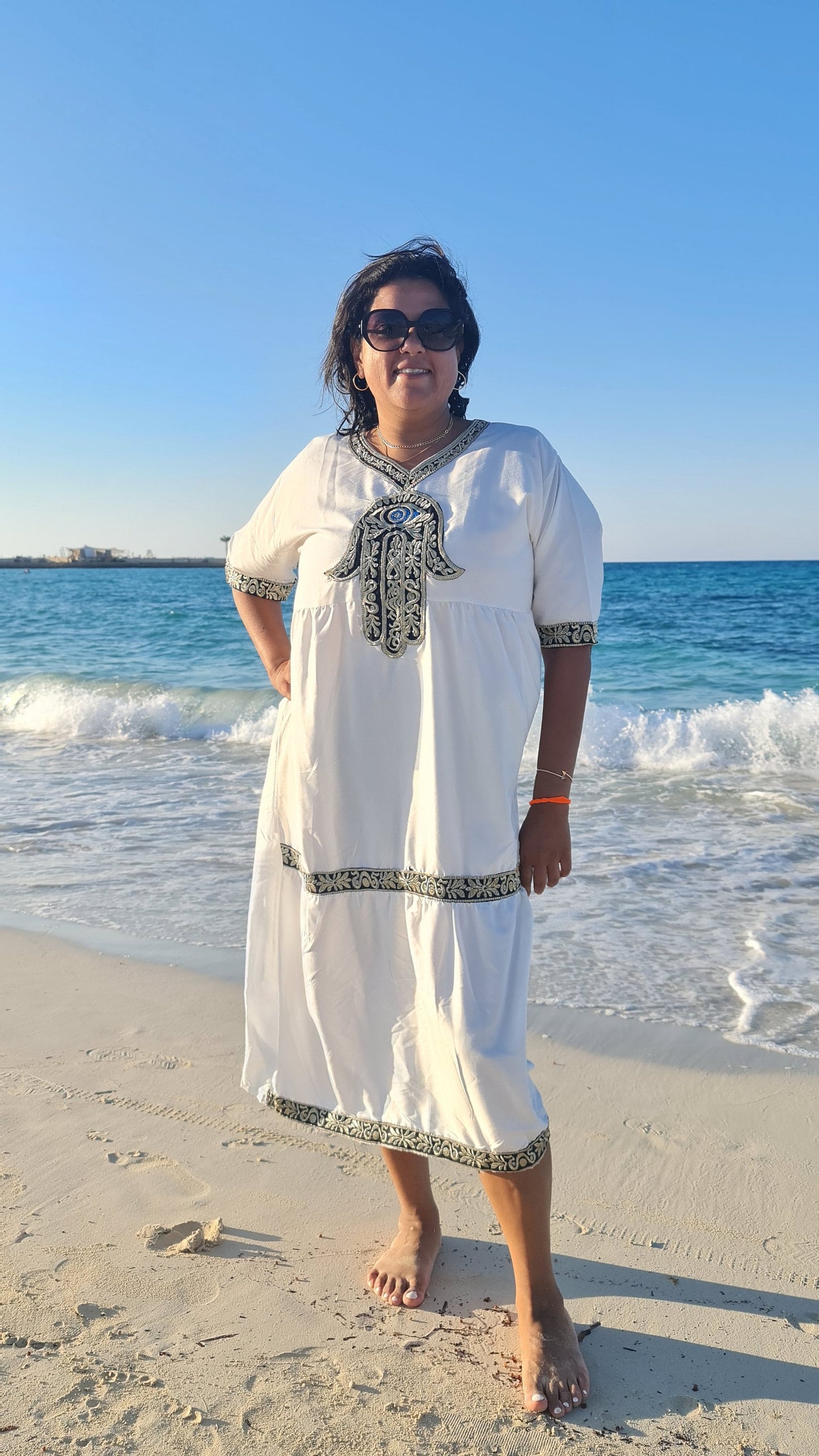 White Sub Sahran Charm dress/kaftan, Bohemian embroidery, 80% Egyptian cotton, Casual Summer dress.