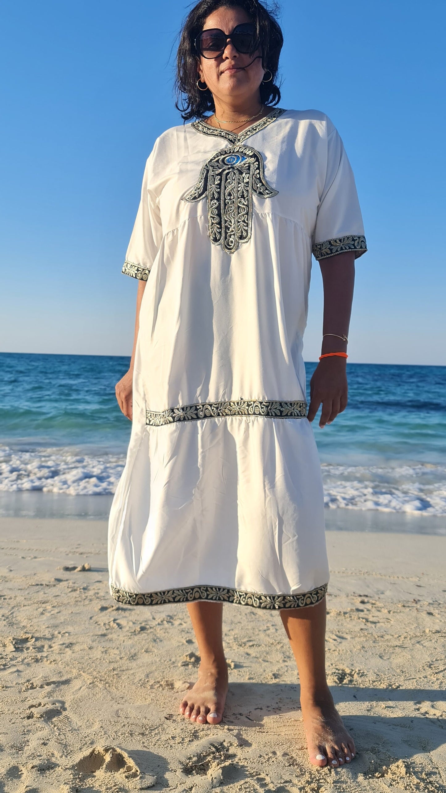 White Sub Sahran Charm dress/kaftan, Bohemian embroidery, 80% Egyptian cotton, Casual Summer dress.