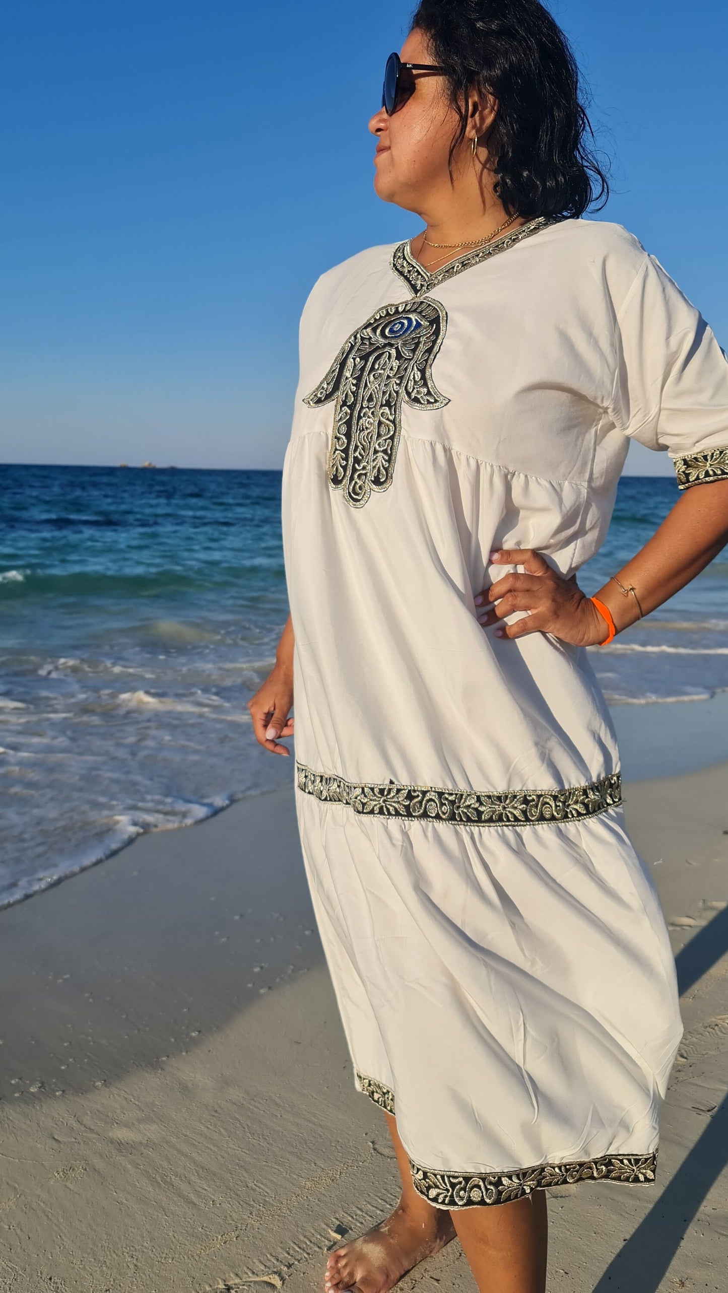 White Sub Sahran Charm dress/kaftan, Bohemian embroidery, 80% Egyptian cotton, Casual Summer dress.