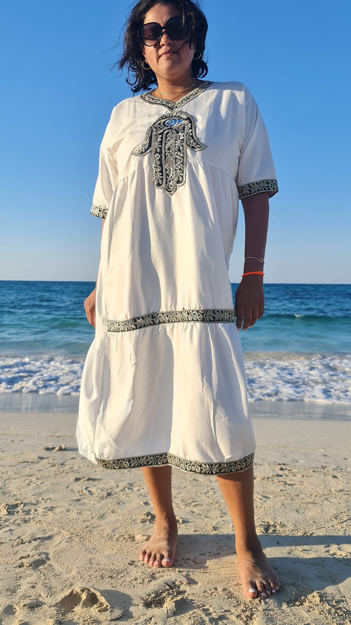 White Sub Sahran Charm dress/kaftan, Bohemian embroidery, 80% Egyptian cotton, Casual Summer dress.