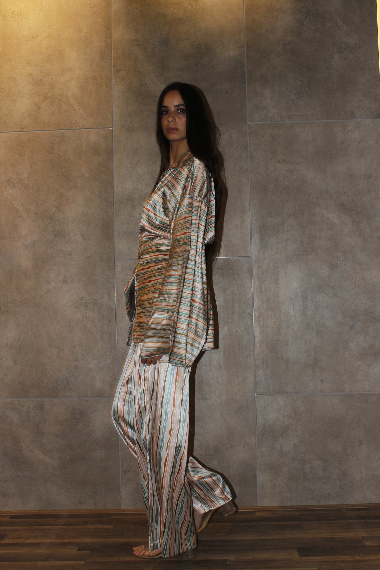 Ancient Egypt Imperial Stripes Blouse & Pants, Two-piece Satin Set.